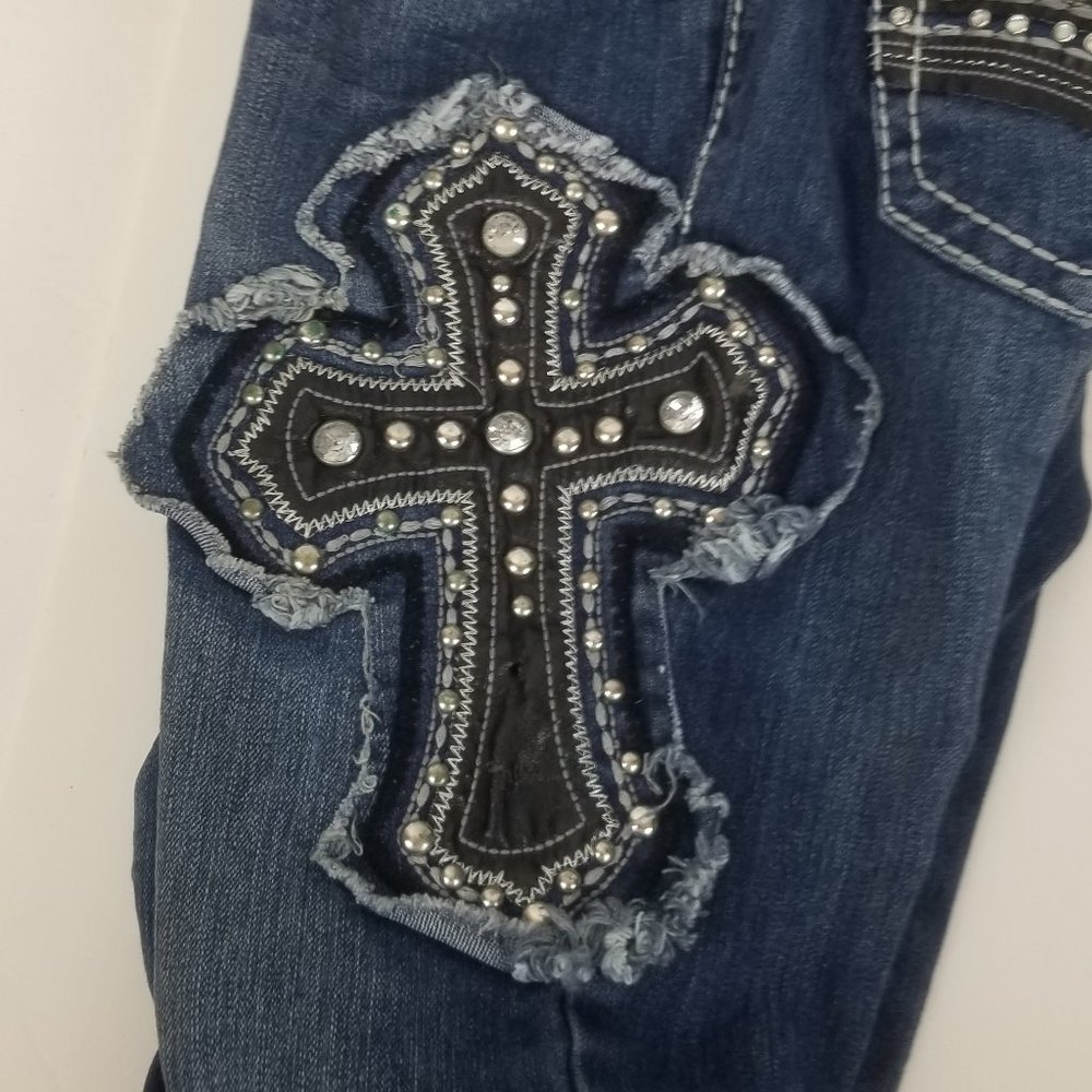 PREMIER by RUE21 Jeans Size 1/2 Slim Boot Cut Cross on Right Leg - Picture 9 of 9
